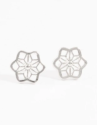 Silver Geometric Flower Stud Earrings