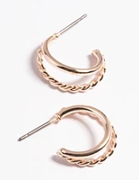 Rose Gold Plain & Twist Double Huggie Earrings