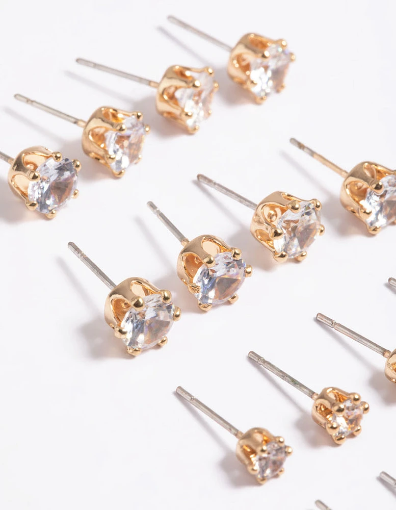 Gold Classic Diamante Studs 8-Pack