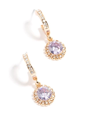 Gold Lilac Diamante Halo Huggie Earrings