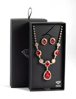 Gold Diamond Simulant Ruby Oval Flower Earring & Necklace Set
