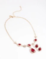 Gold Diamond Simulant Ruby Oval Flower Earring & Necklace Set