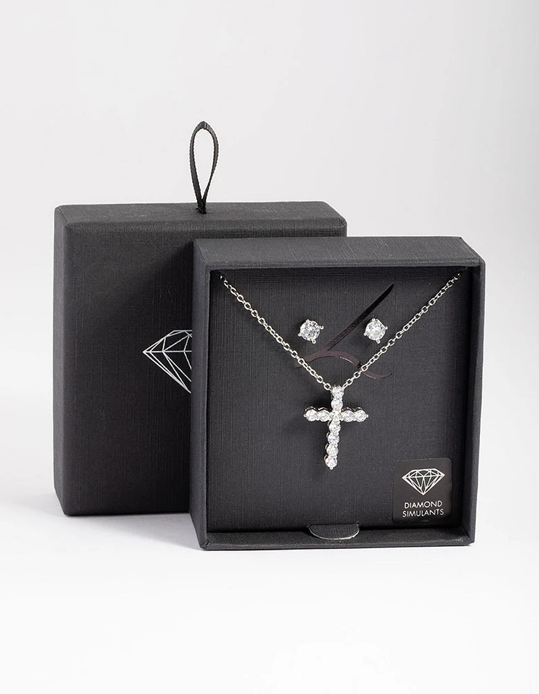 Rhodium Diamond Simulant Stud & Cross Necklace Set