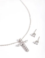 Rhodium Diamond Simulant Stud & Cross Necklace Set