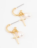 Gold Plated Cross & Freshwater Pearl Hoop Earrings