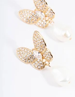Gold Plated Cubic Zirconia Butterfly Freshwater Pearl Drop Earrings