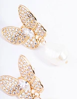 Gold Plated Cubic Zirconia Butterfly Freshwater Pearl Drop Earrings