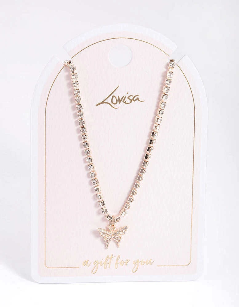 Rose Gold Cupchain Diamante Butterfly Necklace