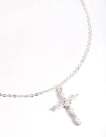 Silver Classic Diamante Cross Necklace