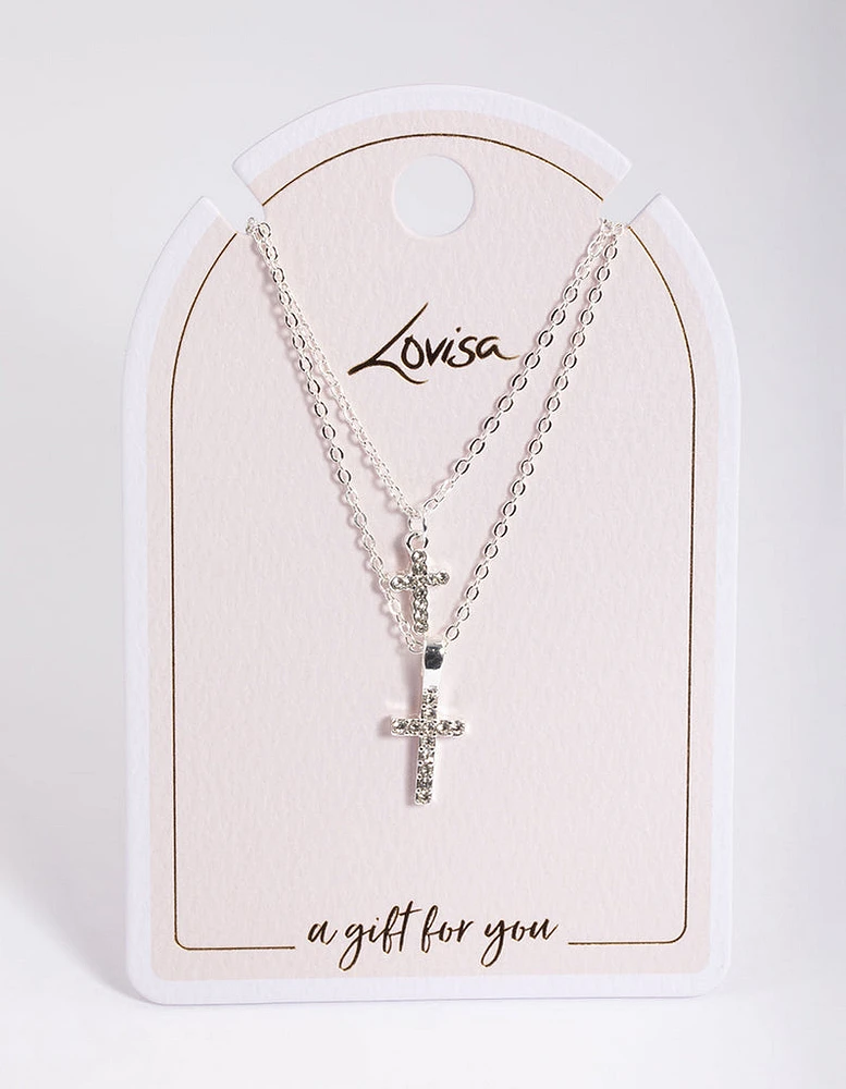 Silver Diamante Cross Layered Necklace