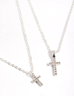 Silver Diamante Cross Layered Necklace