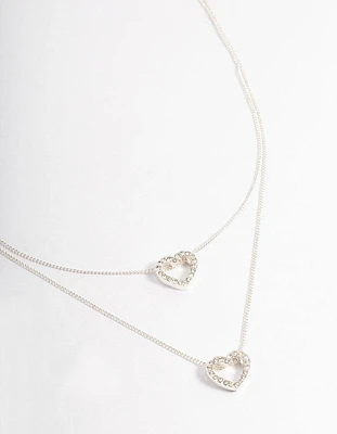 Silver Double Diamante Open Heart Necklace