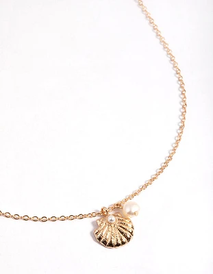 Gold Freshwater Pearl & Clam Pendant Necklace