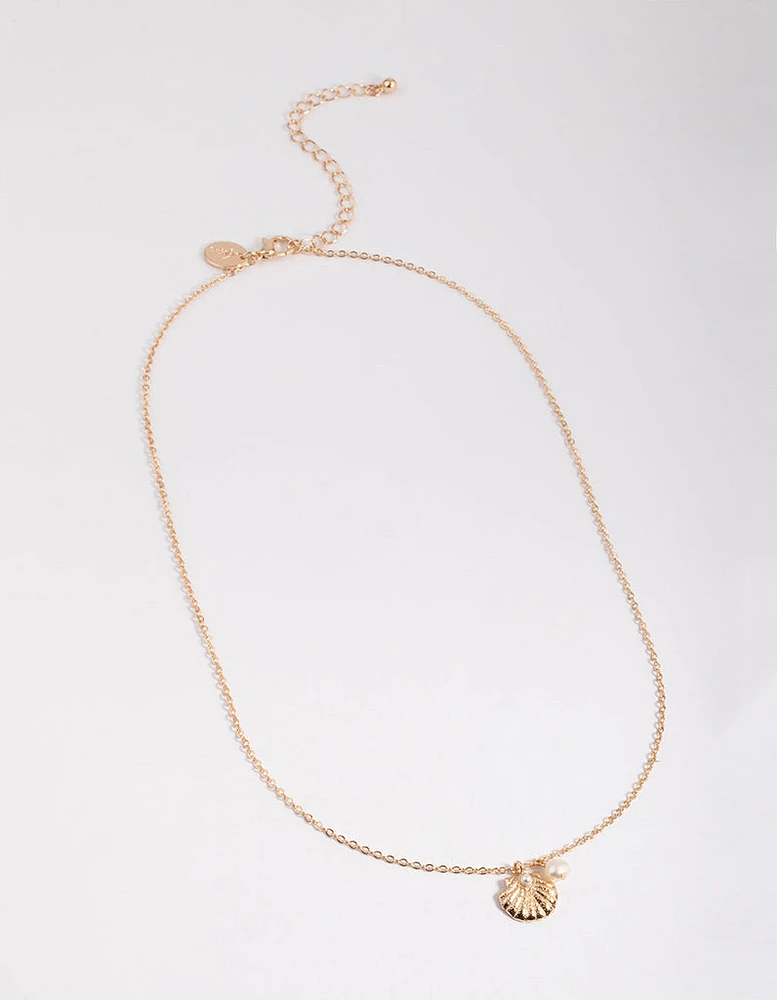 Gold Freshwater Pearl & Clam Pendant Necklace