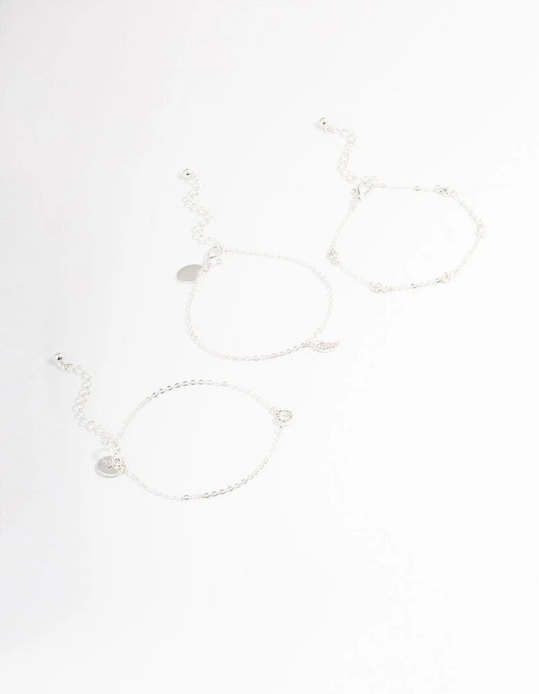 Silver Dainty Circle & Wing Bracelet Pack