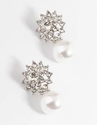 Rhodium Diamante Swirl Pearl Stud Earrings