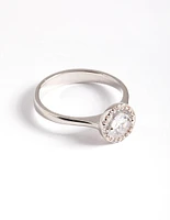 Rhodium Cubic Zirconia Centre Stone with Halo Ring