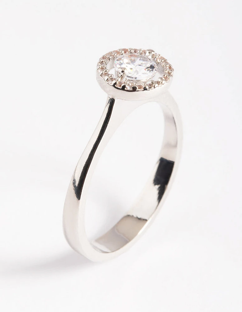 Rhodium Cubic Zirconia Centre Stone with Halo Ring