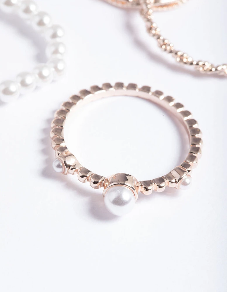 Rose Gold Pearl & Twist Ring 5-Pack