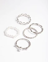 Rhodium Pearl & Twist Ring 5-Pack