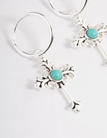 Sterling Silver Antique Cross Hoop Earrings