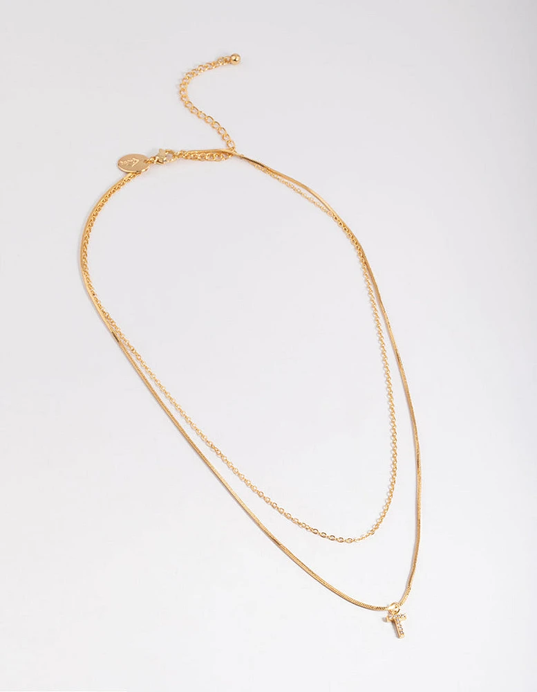 Letter T Gold Plated Layered Diamante Initial Necklace