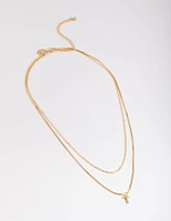 Letter T Gold Plated Layered Diamante Initial Necklace