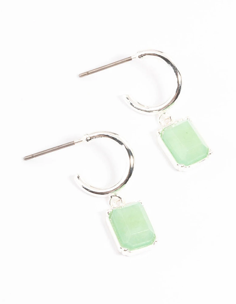 Silver Plated Green Aventurine Mini Charm Hoop Earrings