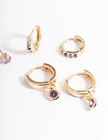 Gold Lilac Stud & Huggie Earrings Pack