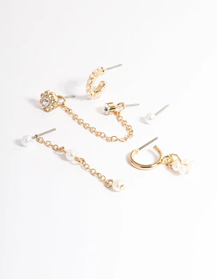 Gold Flower Diamante Pearl Earrings 6-Pack