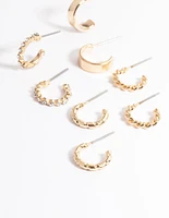 Gold Diamante & Plain Hoop Earrings 4-Pack