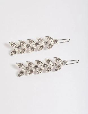 Silver Diamante Leaf Clips Pack