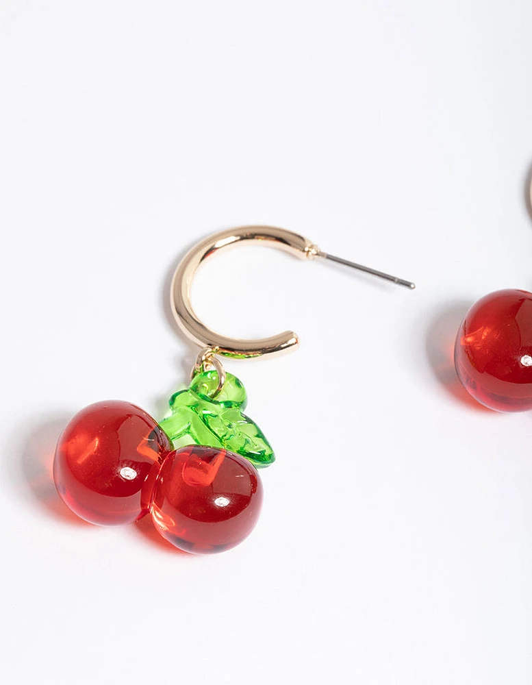 Red Clear Cherry Huggie Earrings