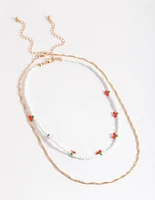 Gold Cherry White Bead 2-Row Necklace