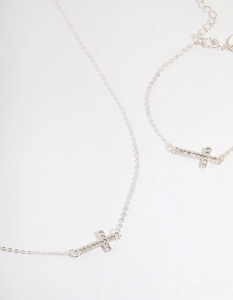 Silver Diamante Cross Jewellery Set