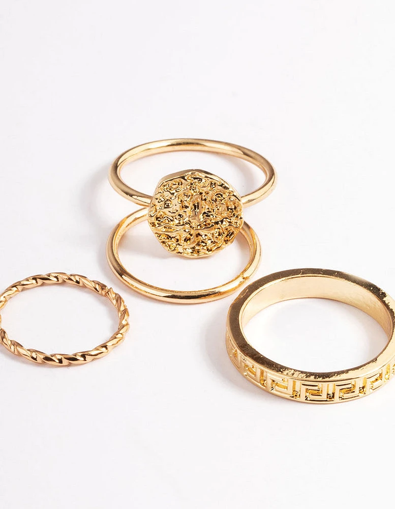 Gold Beaten Disc Ring 4-Pack