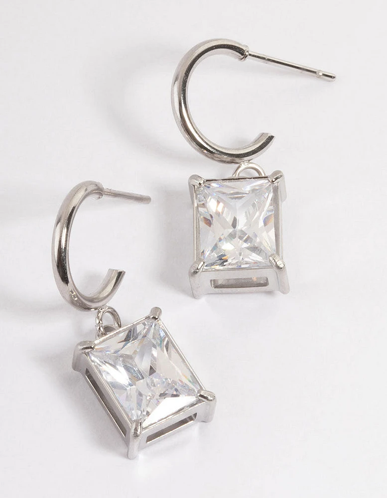 Stainless Steel Rectangle Cubic Zirconia Hoop Earrings