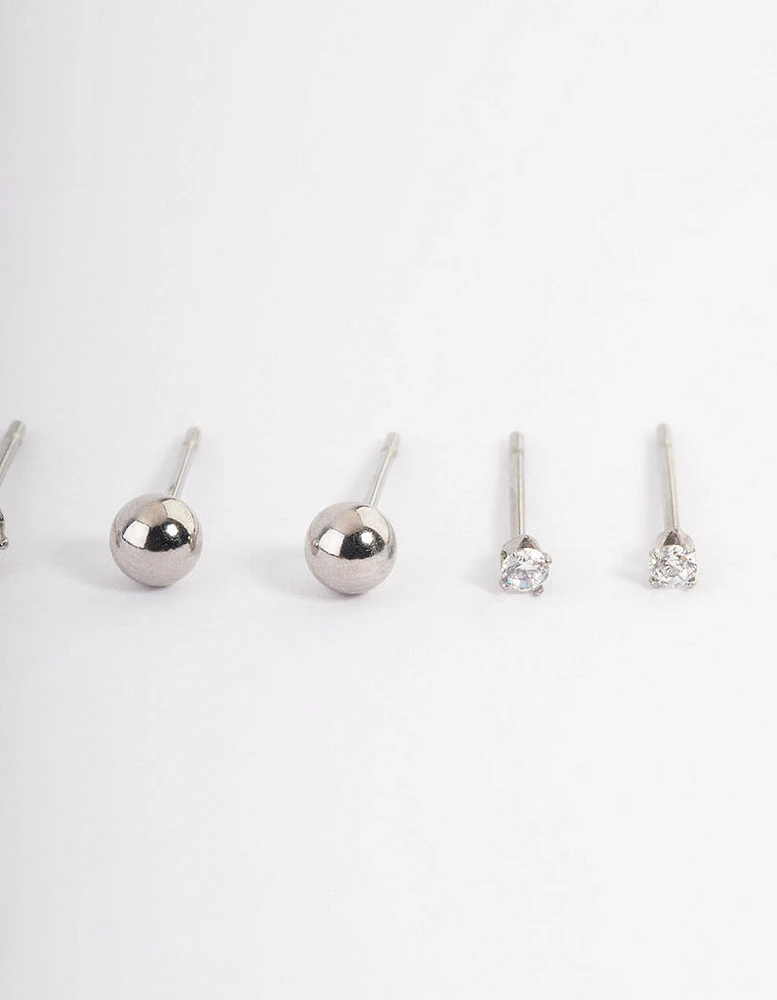 Stainless Steel Cubic Zirconia Plain Stud Earrings Pack