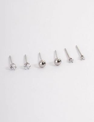 Stainless Steel Cubic Zirconia Plain Stud Earrings Pack