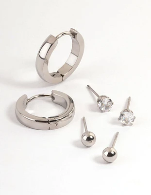 Stainless Steel Cubic Zirconia Stud & Huggie Earrings Pack