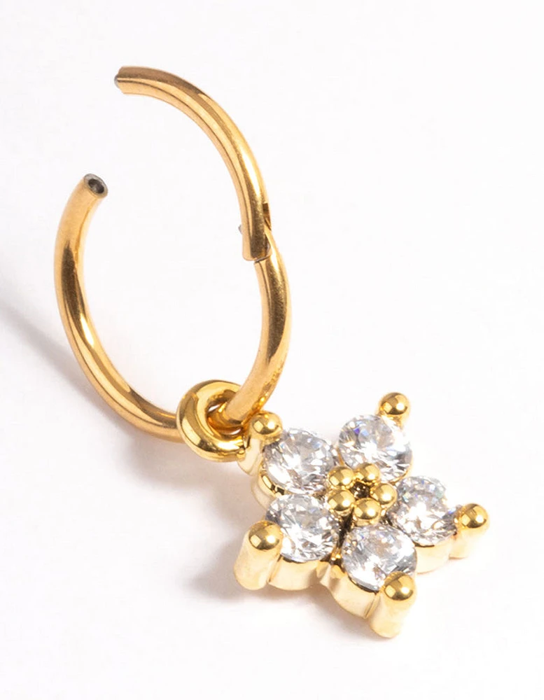 Gold Plated Titanium Cubic Zirconia Five Petal Flower Clicker Ring