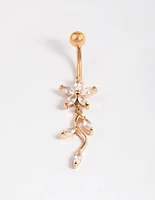 Gold Plated Surgical Steel Cubic Zirconia Flower Drop Belly Ring