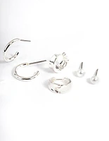 Silver Pearl & Triple Row Cuff Earrings 4-Pack