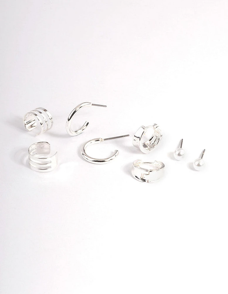 Silver Pearl & Triple Row Cuff Earrings 4-Pack