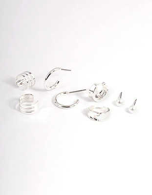 Silver Pearl & Triple Row Cuff Earrings 4-Pack
