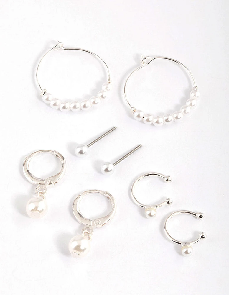 Silver Pearl Charm Hoop Earrings 4-Pack