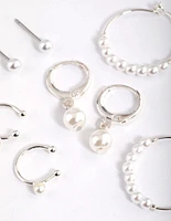 Silver Pearl Charm Hoop Earrings 4-Pack