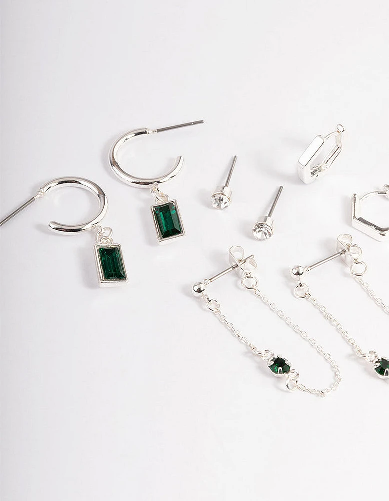 Green Diamante Baguette Earrings 4-Pack