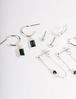 Green Diamante Baguette Earrings 4-Pack