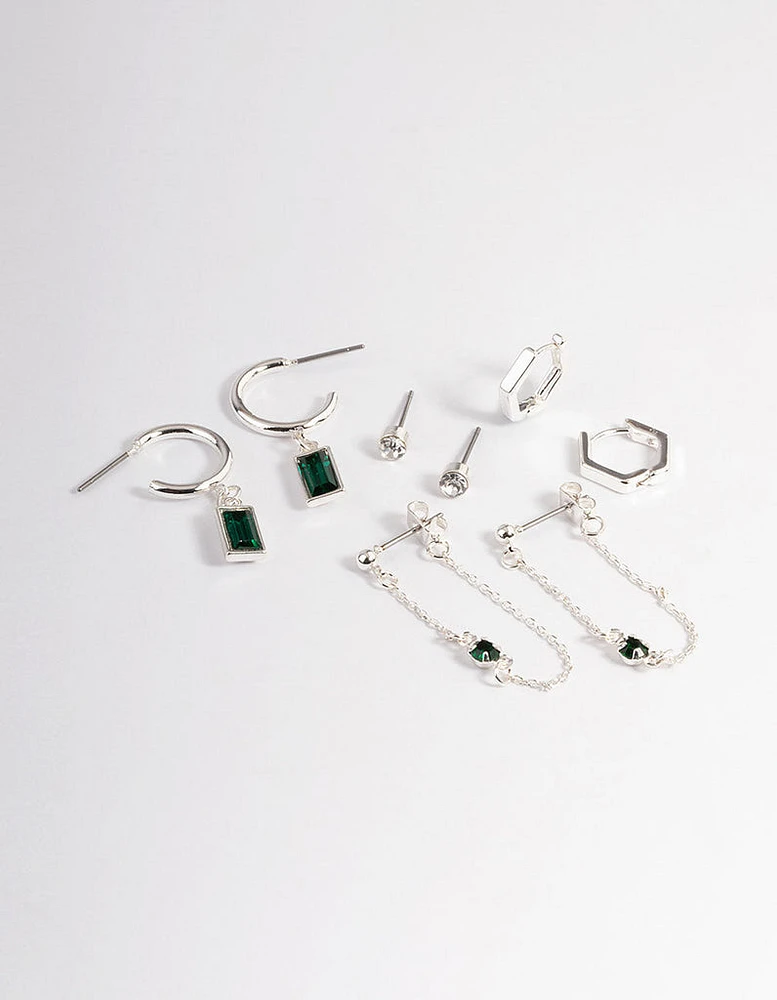 Green Diamante Baguette Earrings 4-Pack